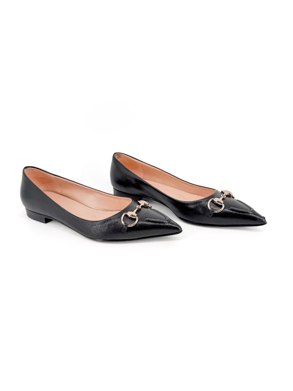 Gucci Erin Black Leather Pointed Horsebit Ballet Flats Size 37 US 7 Women's